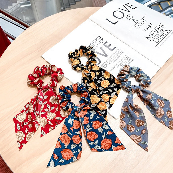 2022 retro 2pcs set hand tail bow knotted hair ties cloth fabric floral print scarf scrunchies with ribbon