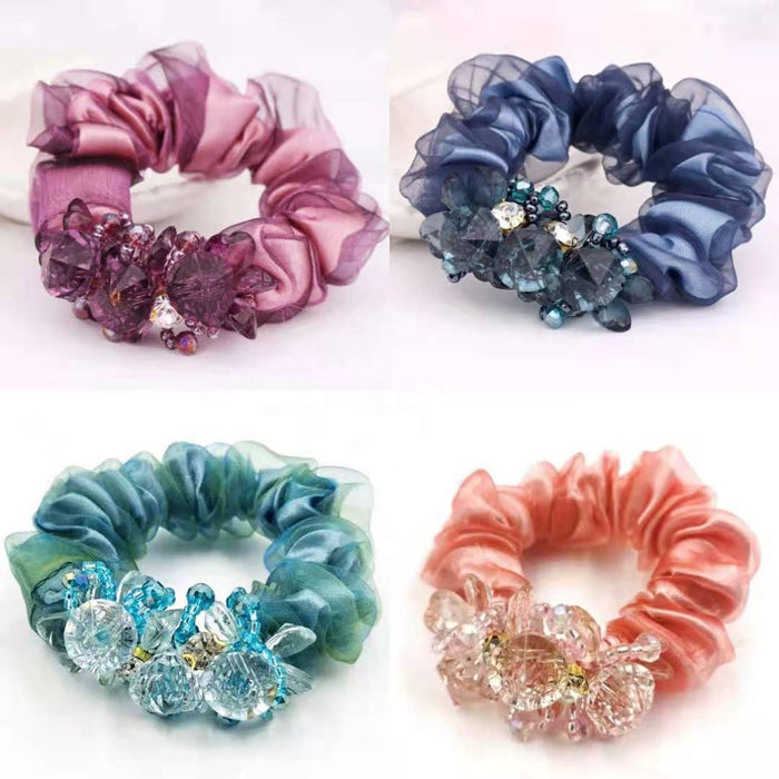 2022 Luxury high elastic hair rubber band hair ties accessories flower organza crystal rhinestone diamond scrunchies