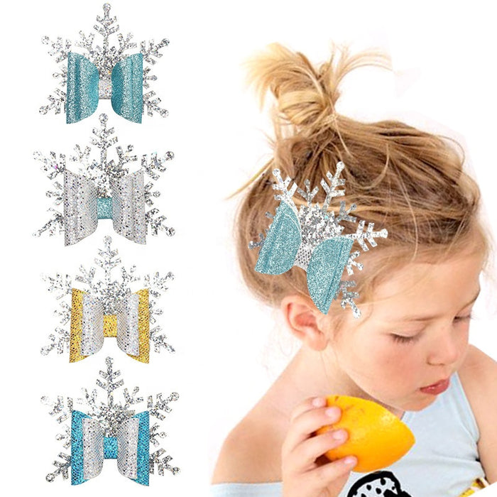 Christmas kids girls cute hairclips glitter snow flake hair pins hairpin large bow clips hair accessories snowflake hair clip