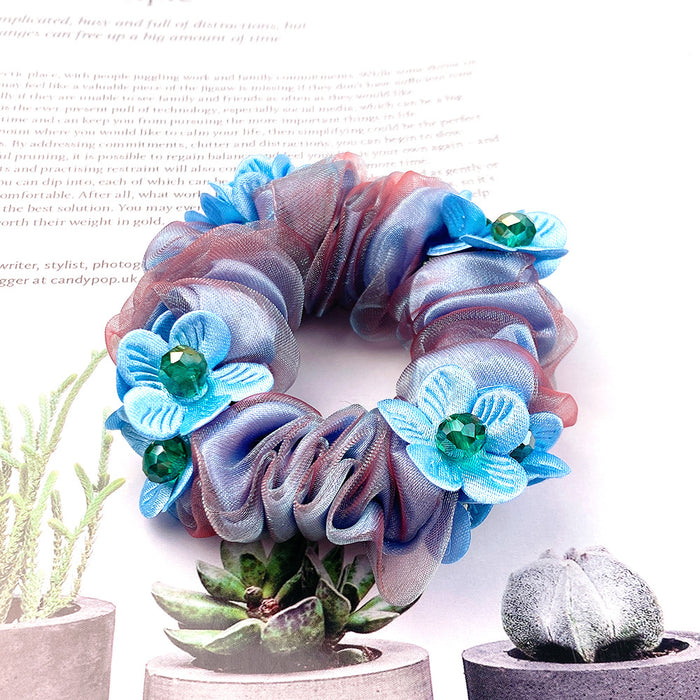 2022 New high stretch elastic hair band tulle scrunchy hair ties flower floral crystal rhinestone charm organza scrunchies