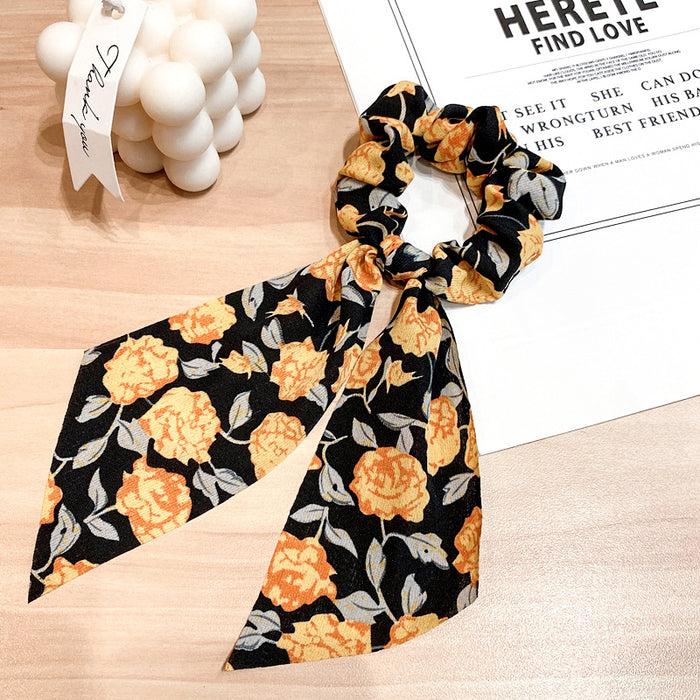 2022 retro 2pcs set hand tail bow knotted hair ties cloth fabric floral print scarf scrunchies with ribbon