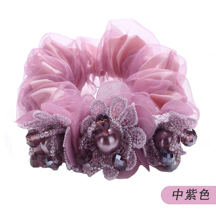 Luxury elegant hair accessories double layer organza hair band ponytail holder pearl rhinestone 3D floral designer scrunchies