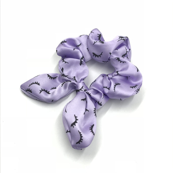 Fashion hot custom logo tag bunny ear bowknot scrunchy hair band print satin eyelash scrunchies lash scrunchie