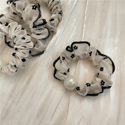 Women girls cute chiffon fashion scrunchie diamond rhinestone pearlized embroidered dot floral hair ties pearl scrunchies