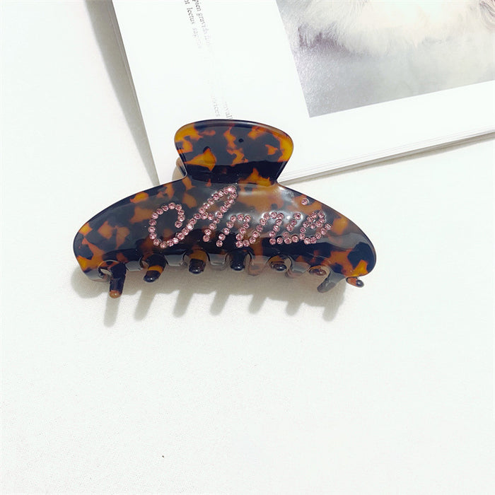 Custom logo personalized luxury big 10cm thick bun hair crystal rhinestone tortoise stripe cellulose acetate claw clip for women