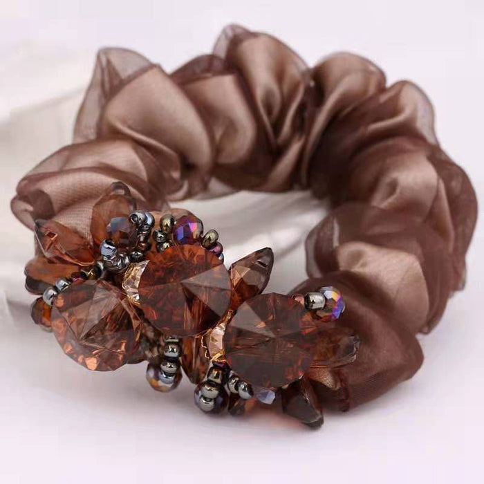 2022 Luxury high elastic hair rubber band hair ties accessories flower organza crystal rhinestone diamond scrunchies