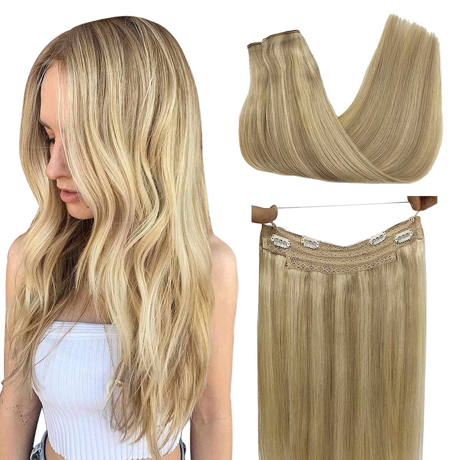 Drawstring Wrap Clip-in Blonde Straight Ponytails Clip in Hair Extension Double drawn