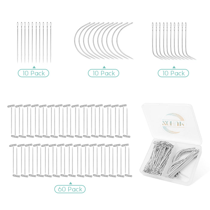 90 Pack C Curved Needles C/J/I Needles T Pins for Wigs Hair Weaving Needles