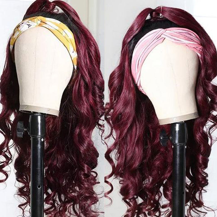 Burgundy Colored Human Hair Body Wave Headband Wigs for Black Women Hair Wigs