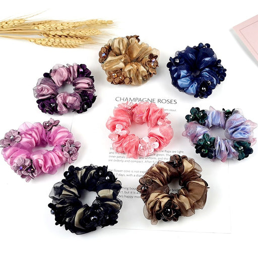 2022 New high stretch elastic hair band tulle scrunchy hair ties flower floral crystal rhinestone charm organza scrunchies