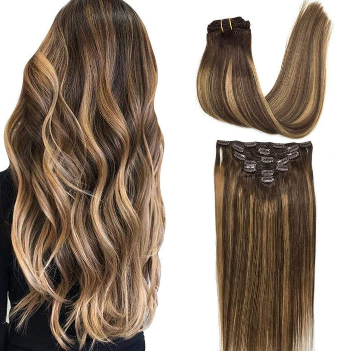 Double drawn virgin human hair extention 120g clip in hair