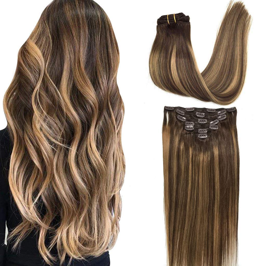 Clip-ins Extension Blonde Highlights Human Hair Blend Heat Resistant Hair Clip in Hair Extention Full Head 16 Clips/6 Pieces