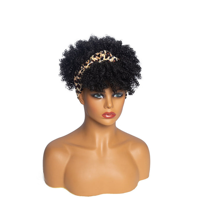 Hot Sexy Kinky Black Bang Wig with Cross Leopard Headband