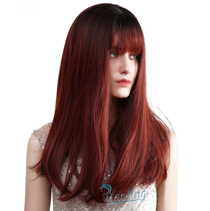 Silky Straight Heat Resistant Fiber Synthetic Human Hair Wigs with Bangs