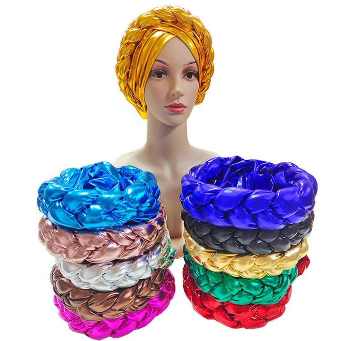 African Bright Braid Shiny Three Dimensional Sponge Turban Head Wraps Hat For Women