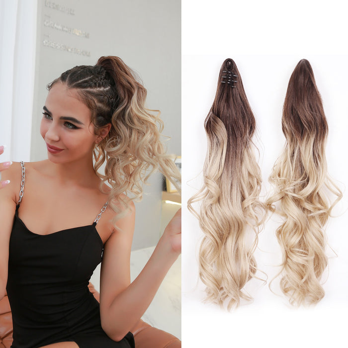 Ash Blonde Ponytail Extension Claw Clip 135g 18inch Long Wavy Curly Hair Extension