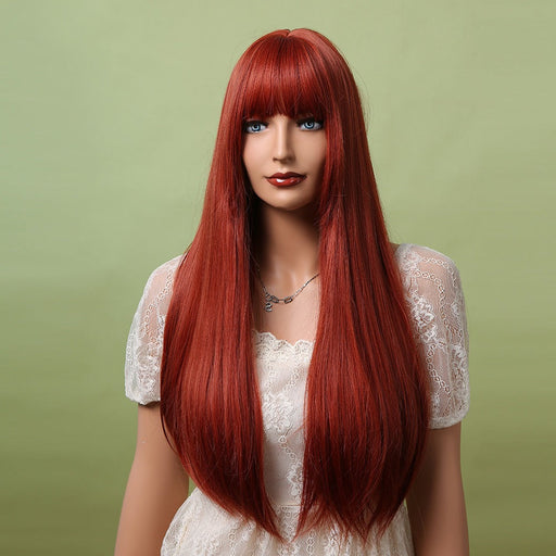 Long Silky Straight Synthetic Human Hir Wigs with Full Bangs