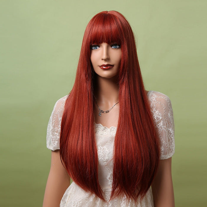 Long Silky Straight Synthetic Human Hir Wigs with Full Bangs