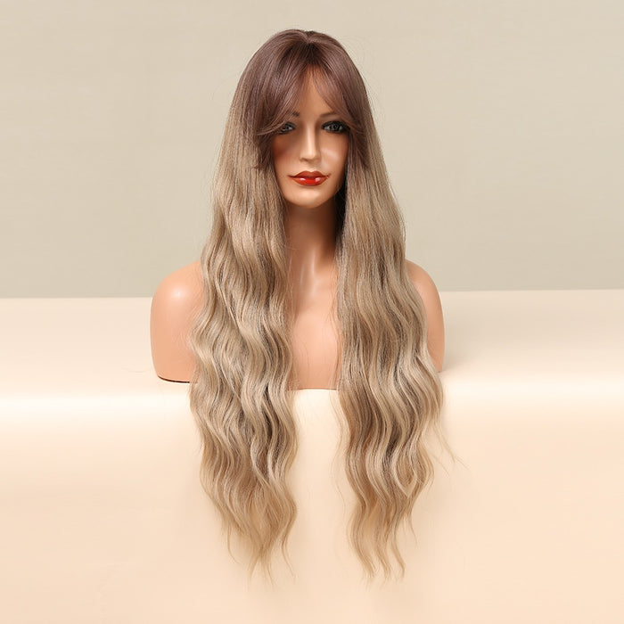 Black ladies long water wave wig yellow shades wig with long side bangs curly wig