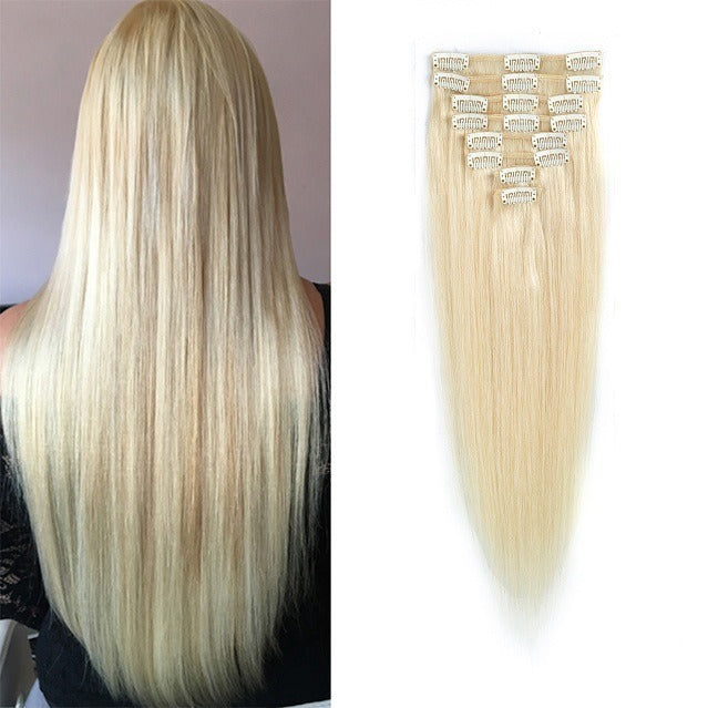 Blond human hair silky straight virgin human hair extensions clip in cheap