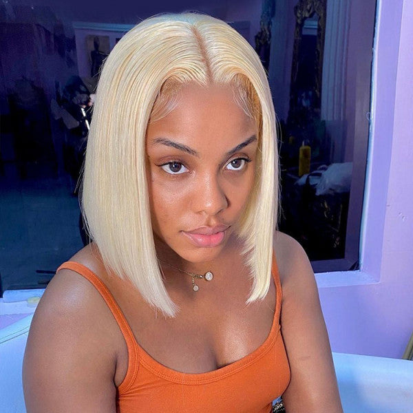 Blonde Color Straight Lace Bob Wigs Middle Part Short Blonde Bob Wigs