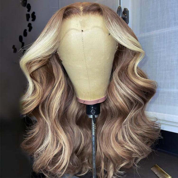 Blonde Highlight Wig Body Wave Dark Brown Wig With Blonde Highlights