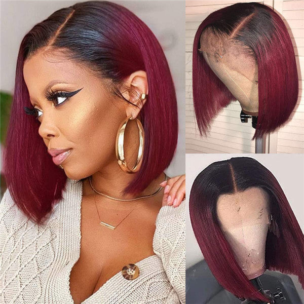 Burgundy Ombre Bob Wigs 14 Inch Human Hair