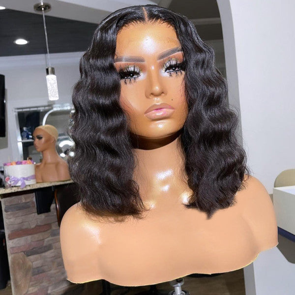 Short Crimped Bob Human Hair Lace Part Bob Wig