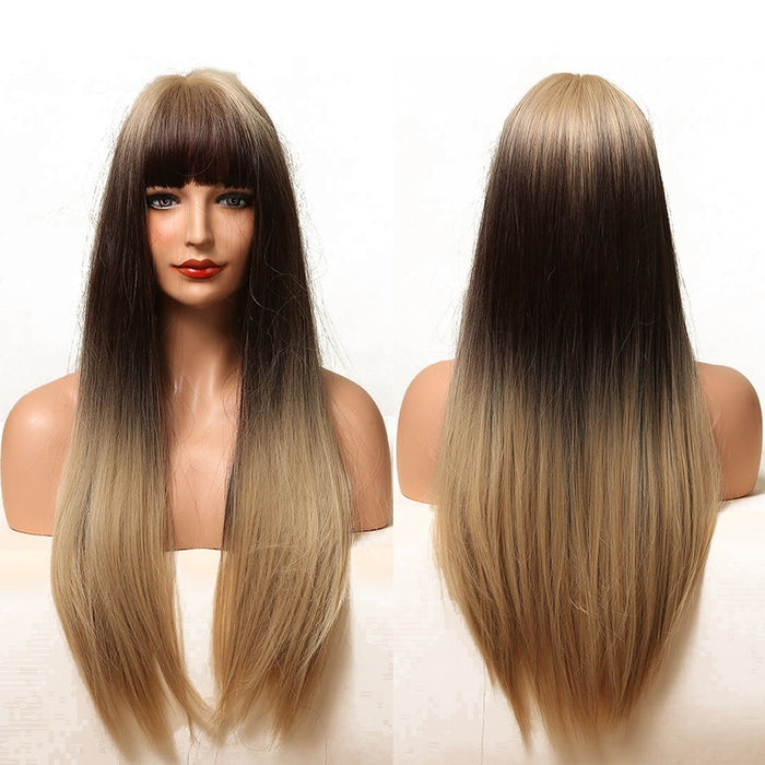 Long Silky Straight Synthetic Human Hir Wigs with Full Bangs