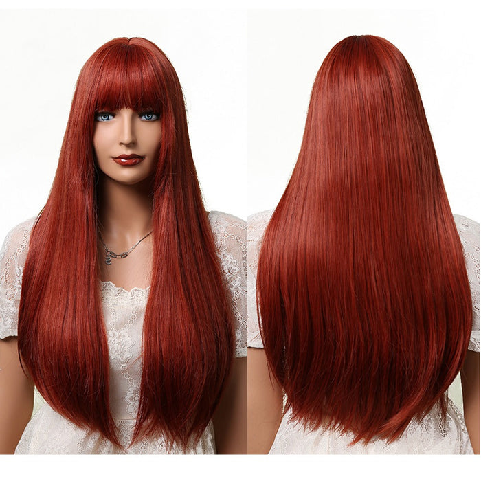 Long Silky Straight Synthetic Human Hir Wigs with Full Bangs