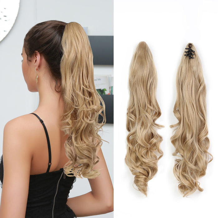 Dark Brown Mix Light Curly Claw Clip Ponytail Hair Extension Synthetic Hairpiece with a Jaw