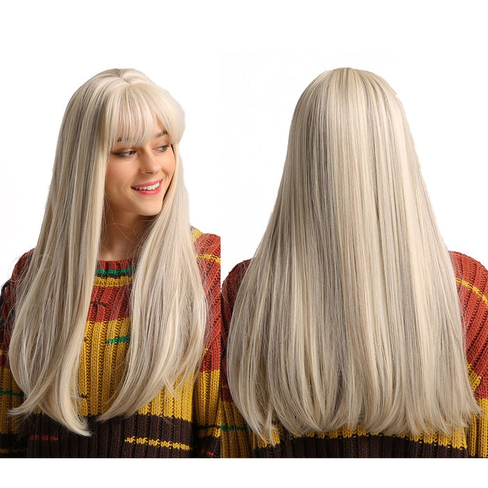 Long Silky Straight Synthetic Human Hir Wigs with Full Bangs