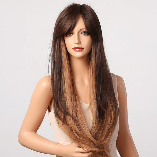 Layered Synthetic Long Straight Human Hir Wigs with Side Part Bangs