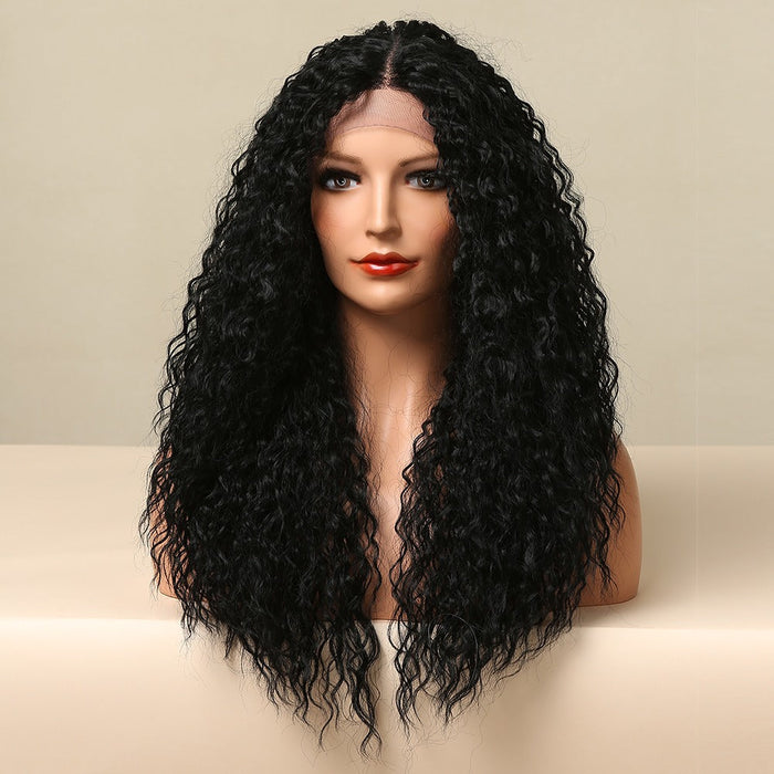 Long Kinky Curly Middle Part Highlight Lace Synthetic Human Hair Wig