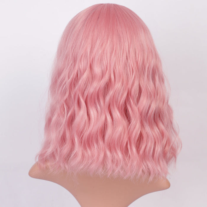 Ins Hot Pink Wavy Bob Wig with Bangs