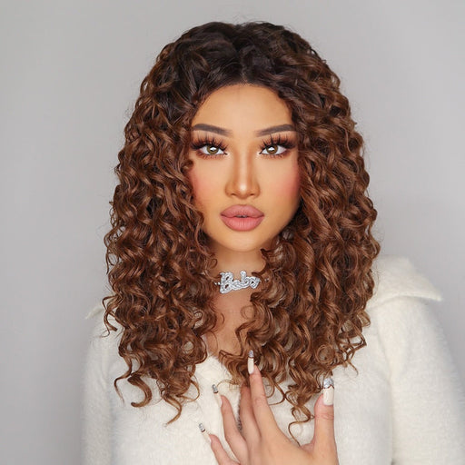 Medium Length Curly T Part Lace Front Human Hiar Wigs