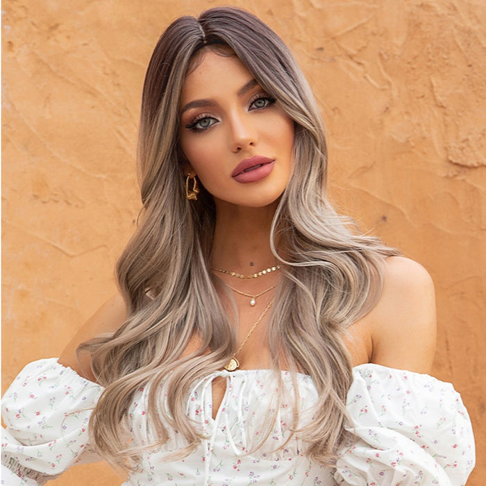 Wavy Synthetic Wig for Women Brown Light Ash Blonde Wigs Dark Root High Temperature