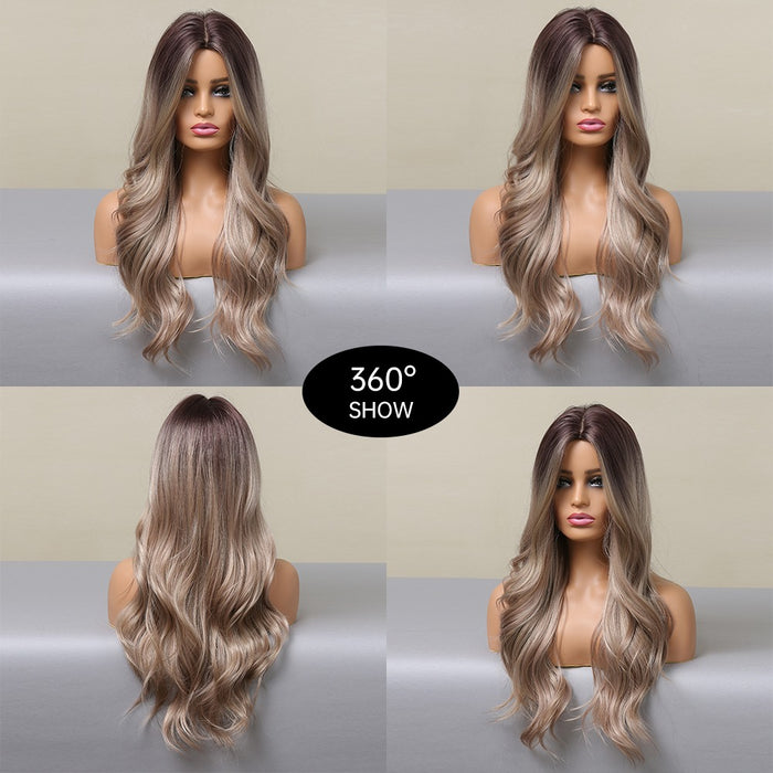 Wavy Synthetic Wig for Women Ombre Brown Light Ash Blonde Wigs Dark Root High Temperature