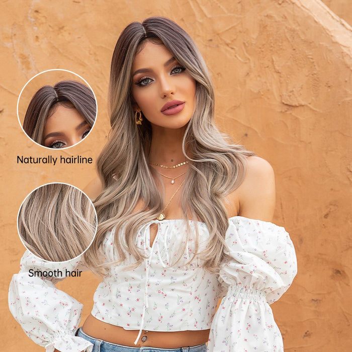 Wavy Synthetic Wig for Women Brown Light Ash Blonde Wigs Dark Root High Temperature