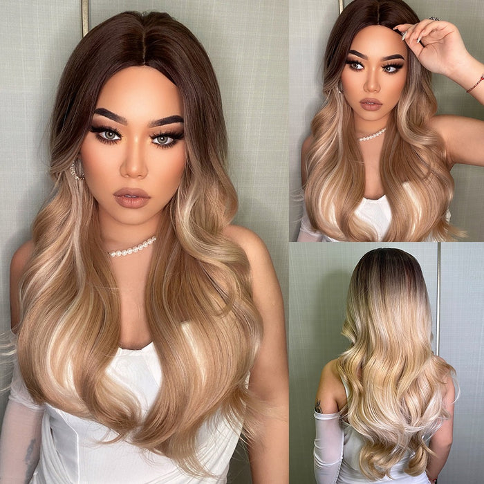 Wavy Synthetic Wig for Women Brown Light Ash Blonde Wigs Dark Root High Temperature