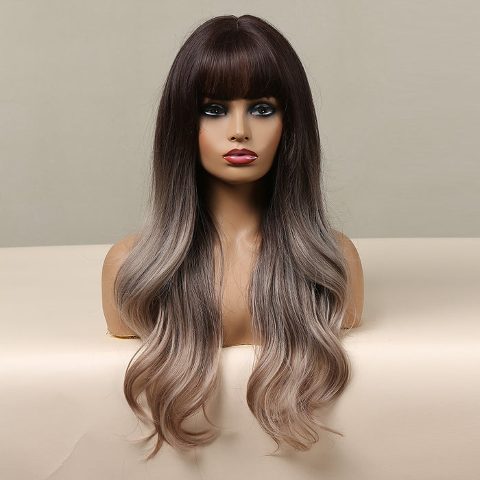 Brown Ash Blonde Synthetic Wig for Women Long Layered Wavy Wigs with Bangs Daily Costume