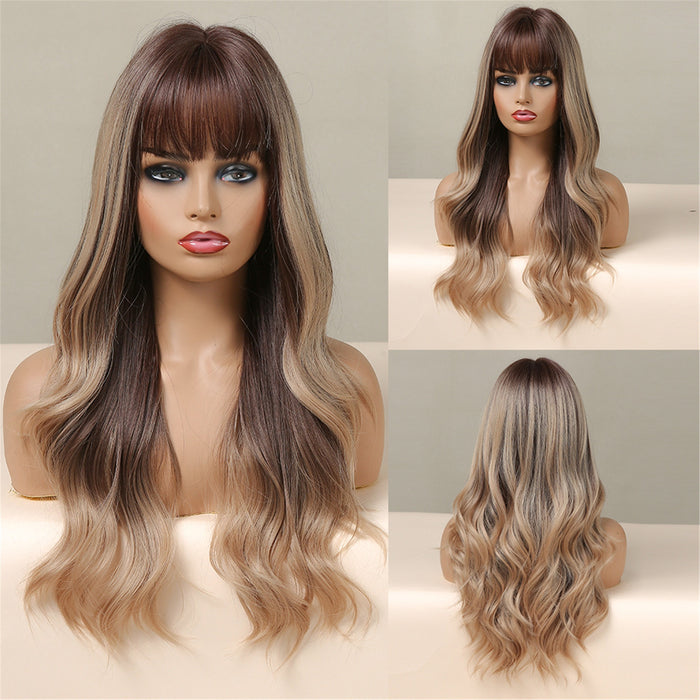 Brown Ash Blonde Synthetic Wig for Women Long Layered Wavy Wigs with Bangs Daily Costume