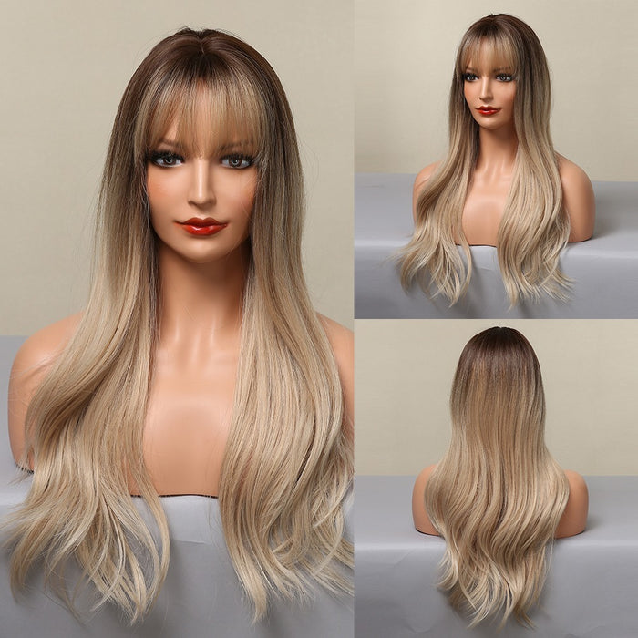 Brown Ash Blonde Synthetic Wig for Women Long Layered Wavy Wigs with Bangs Daily Costume