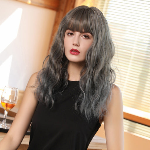 Grey Blue Loose Wave Ombre Synthetic Hair Wigs with Bangs for Black White Women Curly Cosplay Party Daily Wig