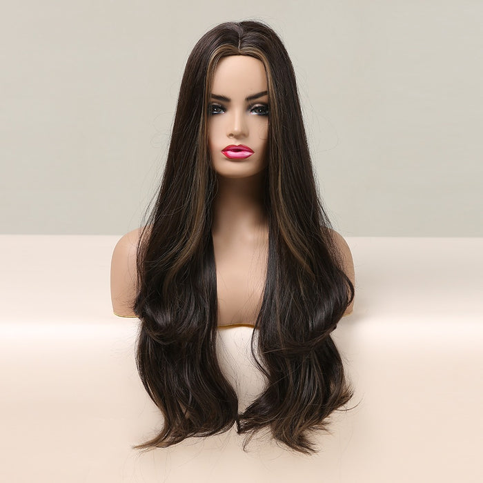 Fast Delivery Black Brown Blonde Synthetic Wigs Middle Part Long Wave silk top wig