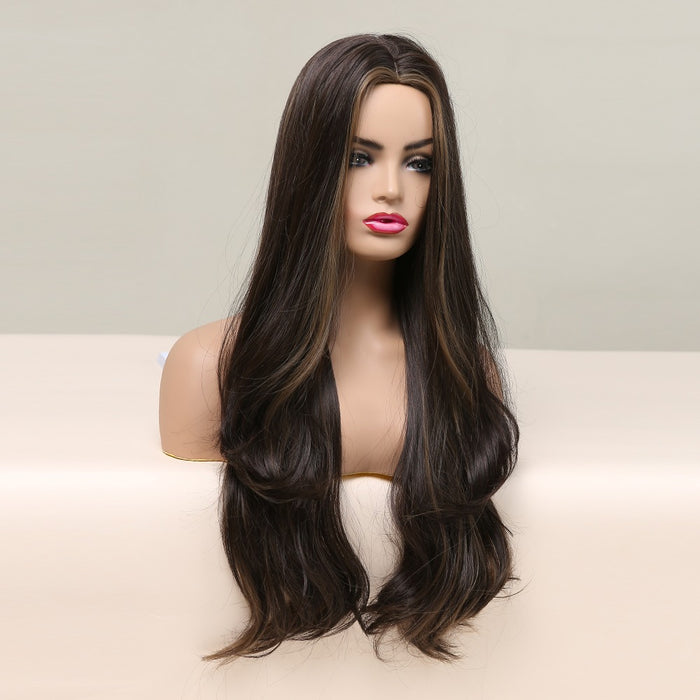 Fast Delivery Black Brown Blonde Synthetic Wigs Middle Part Long Wave silk top wig