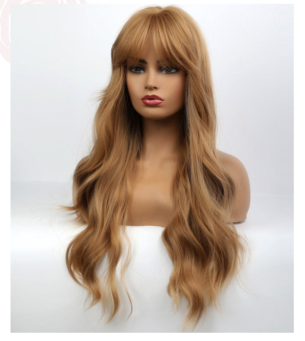 Wave Curly Golden Blonde Wig Bangs Synthetic Wig for Black Women afro wigs fiber hair