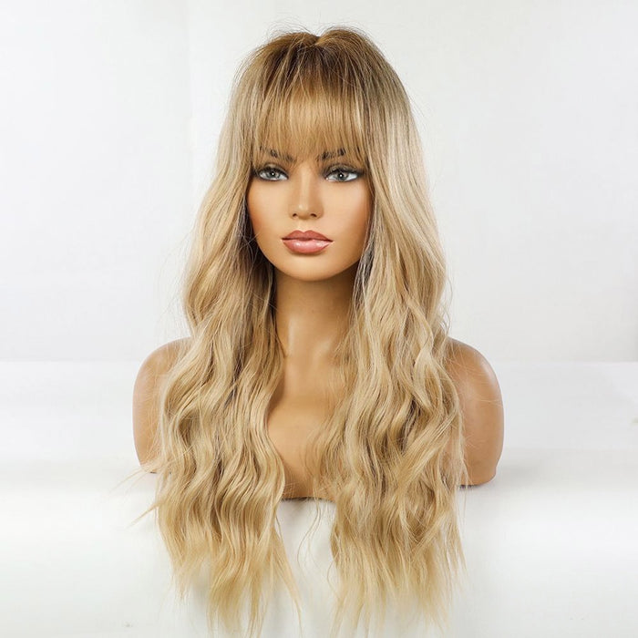 Brown Wig with Bangs Long Natural curly Hair Wigs for Women Synthetic Hair Party Daily Cosplay Free Hairnet