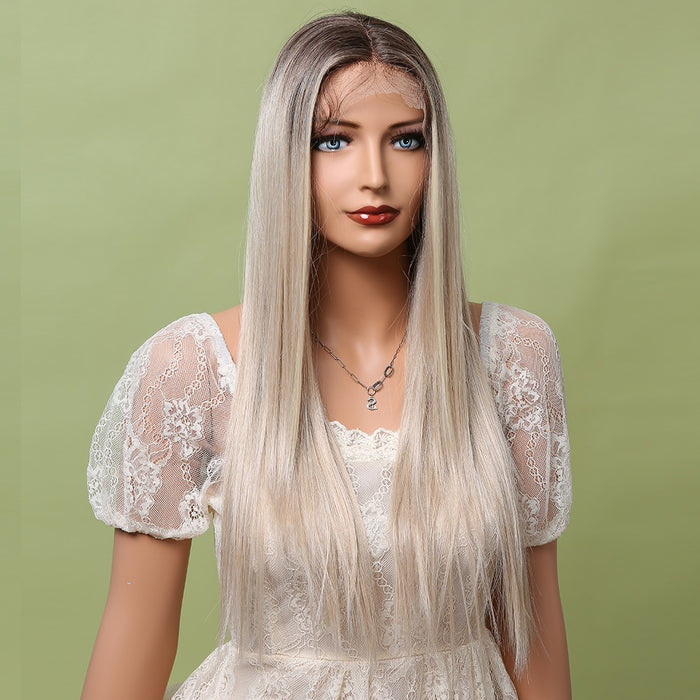 Long Straight Bright Brown Platinum Blond Lace Front Wig Women's Lace Synthetic Wig