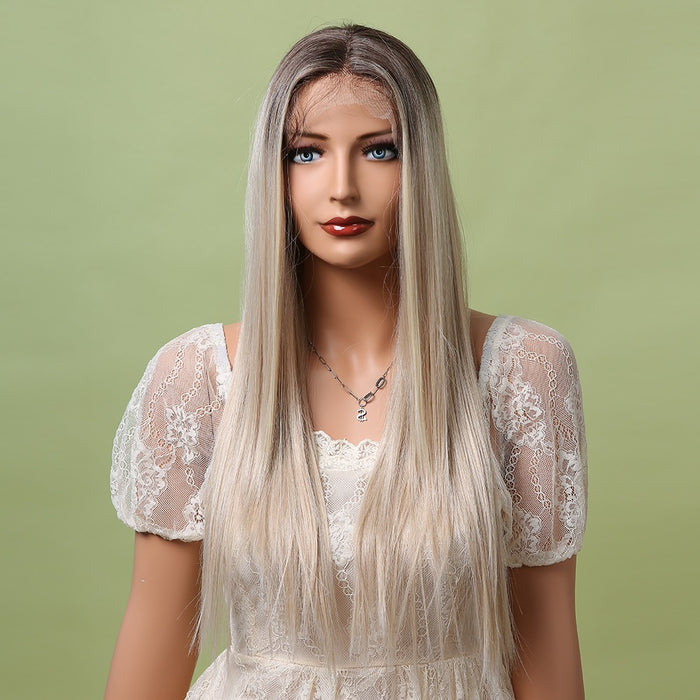 Long Straight Bright Brown Platinum Blond Lace Front Wig Women's Lace Synthetic Wig